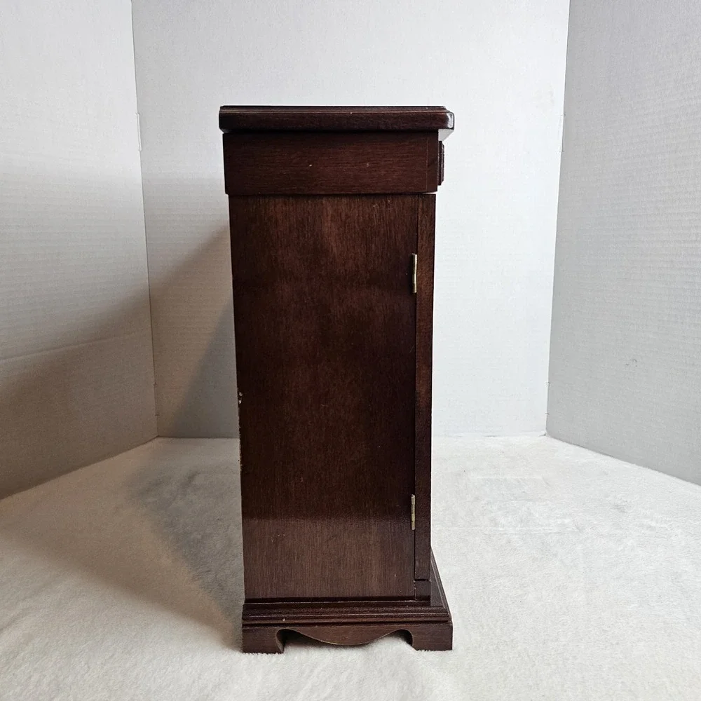 Vintage Wood Jewelry Box Brown Velvet Lined Mirror 5 Drawers Glass Doors